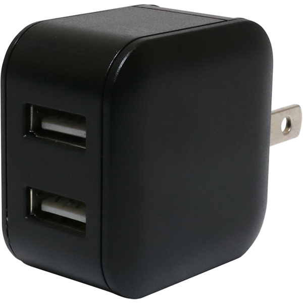 薄型USB-ACアダプタ 2ポート 2.4A 自動出力制御IC搭載 ブラック