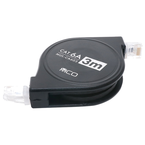 カテゴリー6Aコードリール巻取りLANケーブル 3m ブラック