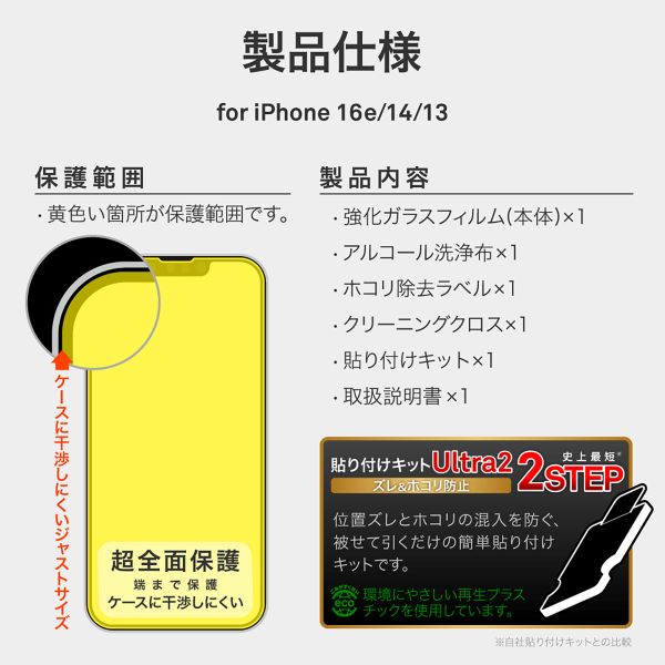 iPhone 16e/iPhone 14/iPhone 13 ガラスフィルム「GLASS PREMIUM FILM」全面保護 超透明