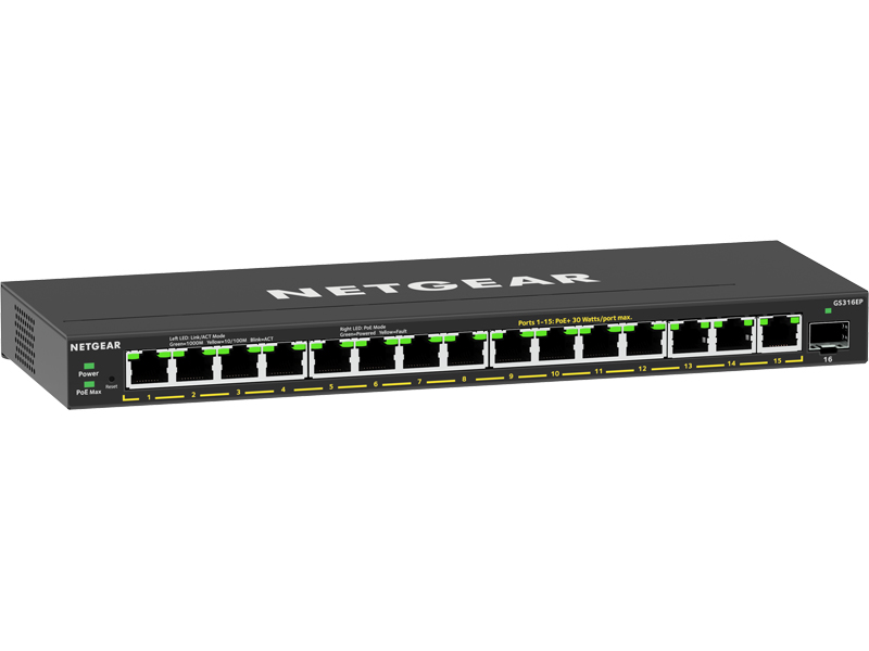 SOHO/家庭向けPoE+対応 (180W) ギガビット15ポート SFP 1スロット アンマネージプラススイッチ