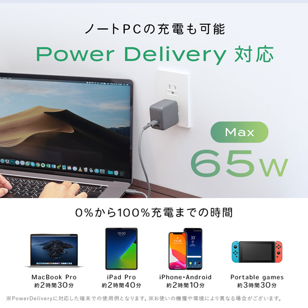 MOTTERU Power Delivery 65W対応 USB Type-C×1ポート、USB Type-A×1ポート 合計最大63W AC充電器 かしこく充電 ブラック 製品サイズ約30(W)×52.3(D)×53.3(H)mm