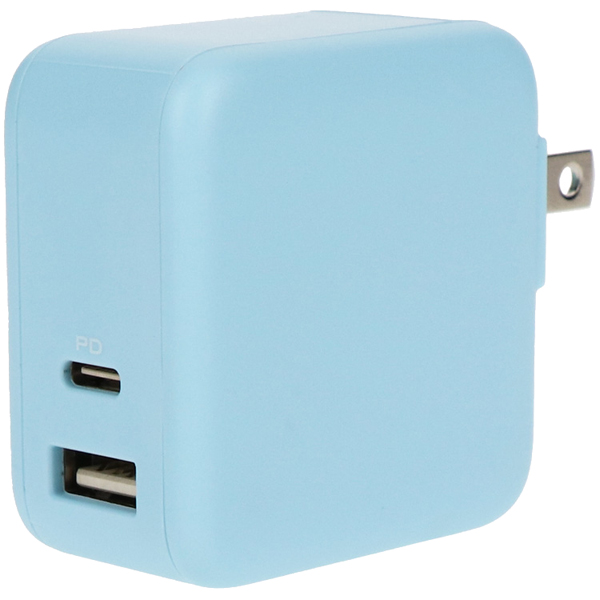 MOTTERU PD65W対応 USB Type-C×1ポート、USB Type-A×1ポート 合計最大63W AC充電器 かしこく充電 2年保証 パウダーブルー 製品サイズ約30(W)×52.3(D)×53.3(H)mm