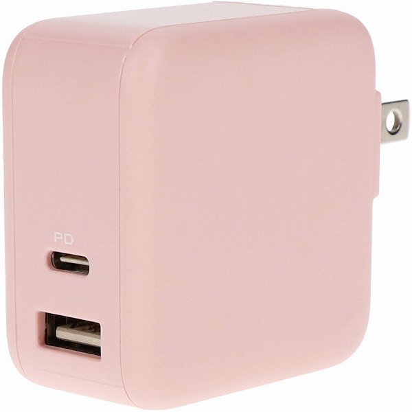 MOTTERU Power Delivery 65W対応 USB Type-C×1ポート、USB Type-A×1ポート 合計最大63W AC充電器 かしこく充電 シェルピンク 製品サイズ約30(W)×52.3(D)×53.3(H)mm