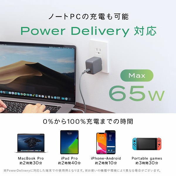 MOTTERU Power Delivery 65W対応 USB Type-C×1ポート、USB Type-A×1ポート 合計最大63W AC充電器 かしこく充電 シェルピンク 製品サイズ約30(W)×52.3(D)×53.3(H)mm