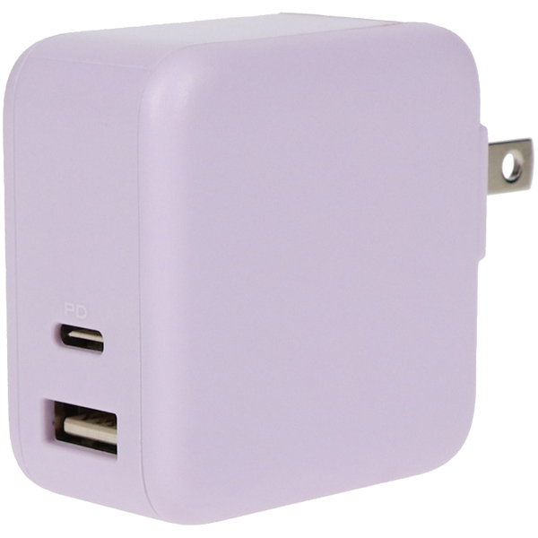 MOTTERU PD65W対応 USB Type-C×1ポート、USB Type-A×1ポート 合計最大63W AC充電器 かしこく充電 2年保証 ペールアイリス 製品サイズ約30(W)×52.3(D)×53.3(H)mm