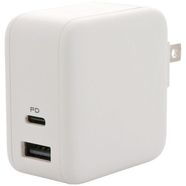 MOTTERU Power Delivery 65W対応 USB Type-C×1ポート、USB Type-A×1ポート 合計最大63W AC充電器 かしこく充電 ホワイト 製品サイズ約30(W)×52.3(D)×53.3(H)mm