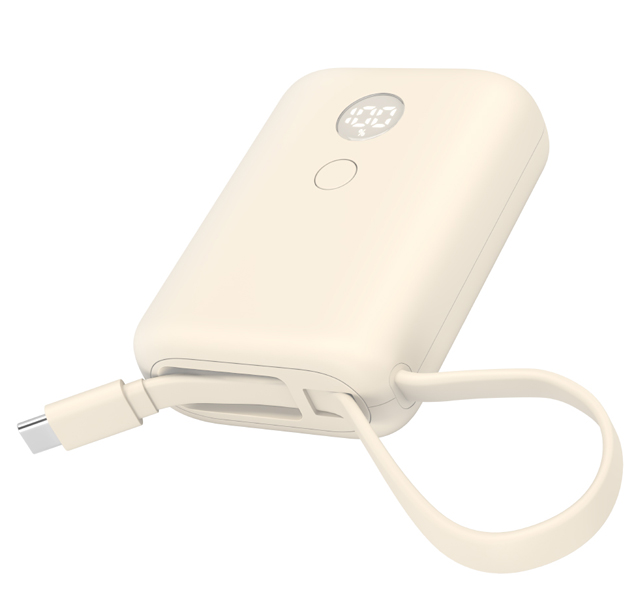 MOTTERU USB-Cケーブル一体型モバイルバッテリー 10000mAh 残量表示ディスプレイ PD35W入出力 PSE適合製品 2年保証 アーモンドミルク 製品サイズ約63(W)×26(D)×85(H)mm