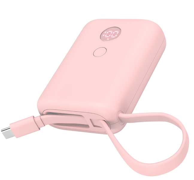 MOTTERU USB-Cケーブル一体型モバイルバッテリー 10000mAh 残量表示ディスプレイ PD35W入出力 PSE適合製品 2年保証 シェルピンク 製品サイズ約63(W)×26(D)×85(H)mm