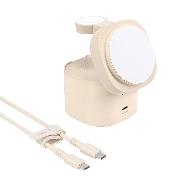 MOTTERU 4in1 マグネット式 ワイヤレス充電器 Qi2認証品 MagSafe対応 シリコーンケーブル/ケーブルバンド付属 アーモンドミルク 製品サイズ約78(W)×78(D)×127(H)mm