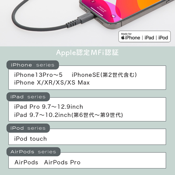 MOTTERU しなやかで絡まない シリコンケーブル 急速充電 データ転送対応 Apple MFi認証品 USB-C to Lightning 2m カラバリ全4色 2年保証 ピスタチオ