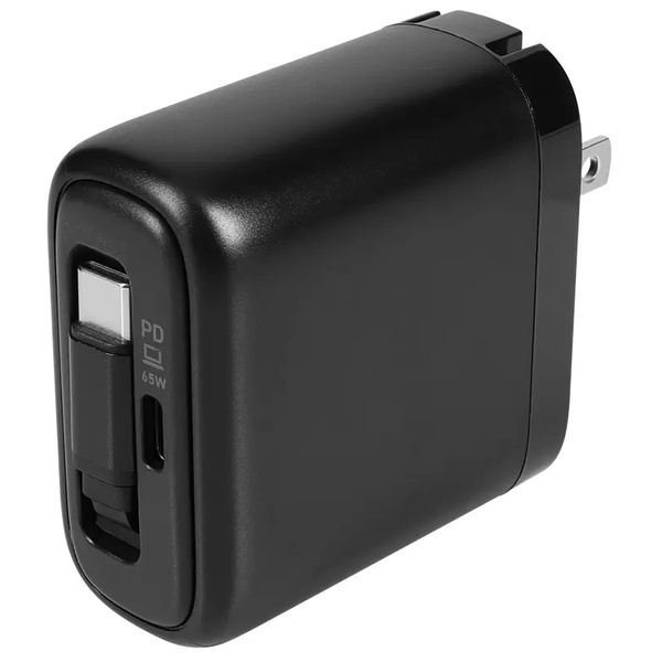 OEC 最大PD65W出力 USB Type-C×1 コードリールType-C×1 GaN採用 AC充電器 ブラック 製品サイズ約30(W)×62(D)×60(H)mm