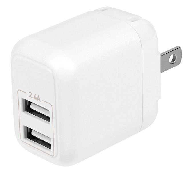 AC充電器/USB充電器/最大12W/最大2.4A/2ポート/コンパクト/Type-Aポート/PSE適合/スマートフォン、タブレットPC、モバイルバッテリー等/ホワイト