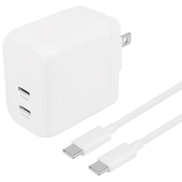 AC充電器/PD45W/USB2ポート/Cポート/CtoCケーブル付属/1.5m/GaN採用/PSE適合/スマートフォン、タブレット、スマートウォッチ、ワイヤレスイヤホン等/ホワイト