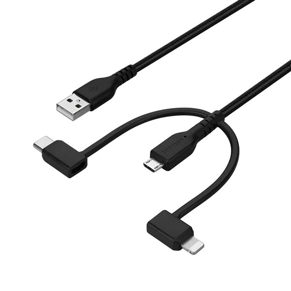 スマートフォン用USBケーブル/3in1/microUSB+Lightning+Type-C/MFi認証/超タフ/やわらか/断線に強い/2m/ブラック