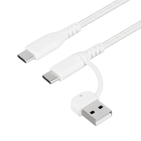 スマートフォン用USBケーブル/2in1/Type-C to Type-C+Type-A/PD60W/超タフ/データ転送/断線に強い/1.5m/ホワイト