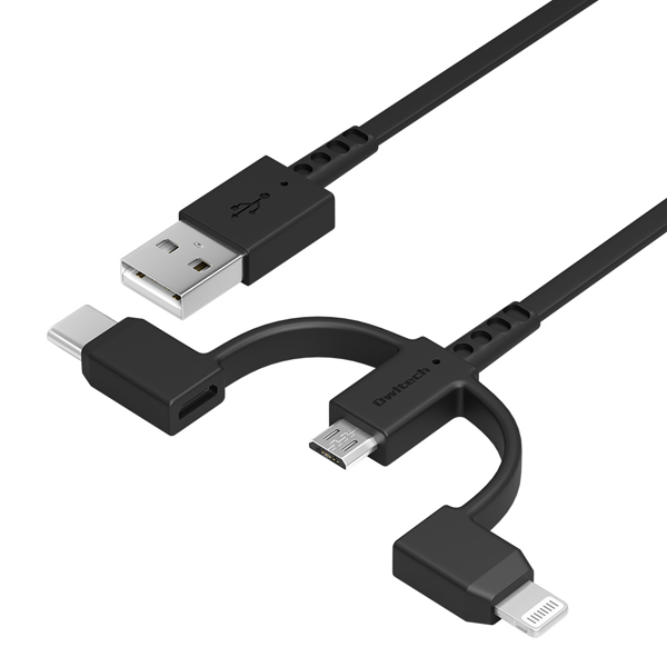 スマートフォン用USBケーブル/3in1/microUSB+Lightning+Type-C/MFi認証/両引き巻き取り式/断線に強い/1m/ブラック