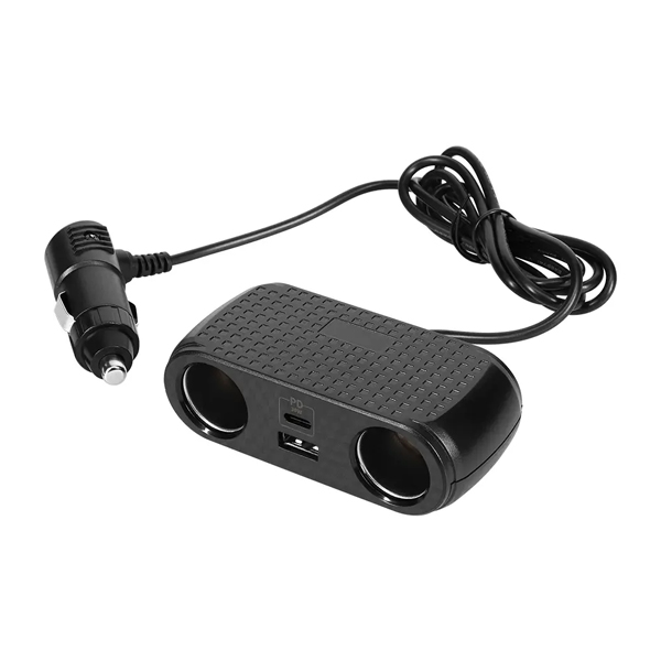 カーチャージャー/シガーソケット充電器/USB車載充電器/PD30W/Type-C×1/Type-A×1/ソケット×2/12V/24V/ケーブル型/ブラック