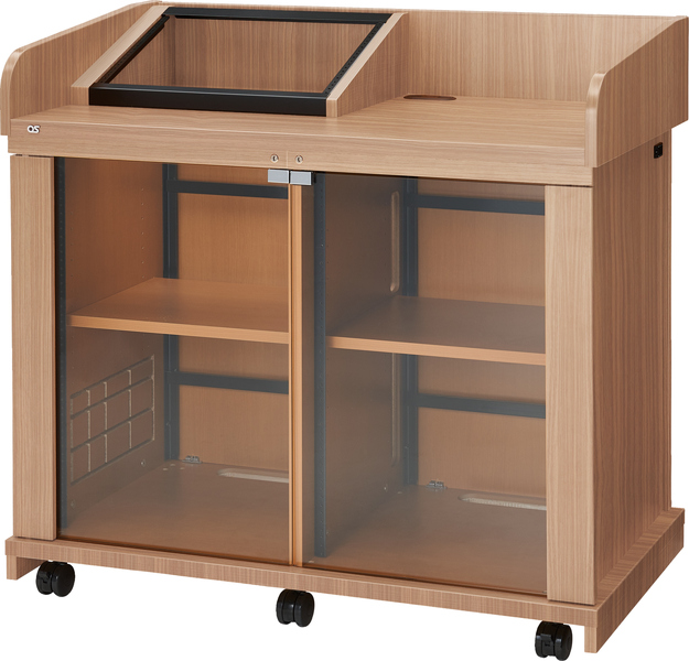 AVキャビネット完成品/レクチャー卓/EIA32U/コンソール天板/60φキャスター/ウッド/ガラス扉