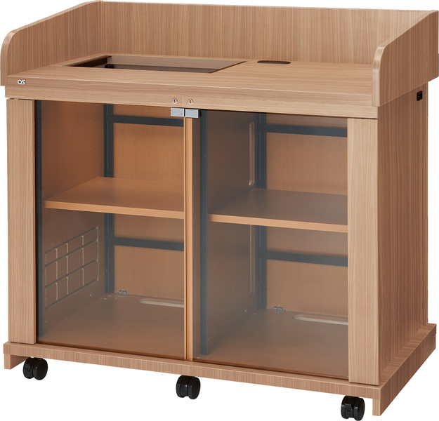 AVキャビネット完成品/レクチャー卓/EIA32U/開口天板/60φキャスター/ウッド/ガラス扉