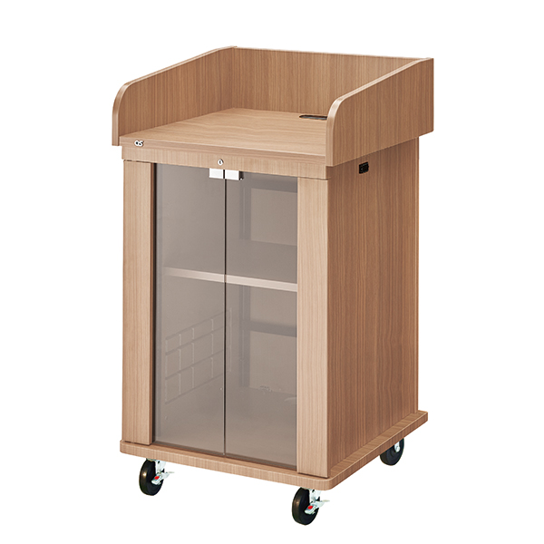 AVキャビネット/演台タイプ/EIA16U/スタンダード天板/足入れなし/100φキャスター/ウッド/ガラス扉