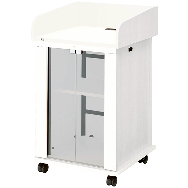 AVキャビネット完成品/演台タイプ/EIA16U/スタンダード天板/足入れなし/60φキャスター/ホワイト/ガラス扉