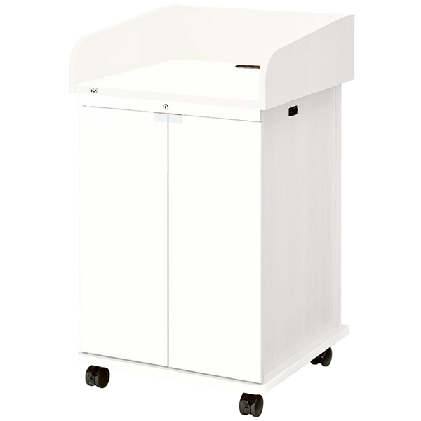 AVキャビネット完成品/演台タイプ/EIA16U/スタンダード天板/足入れなし/60φキャスター/ホワイト/木扉