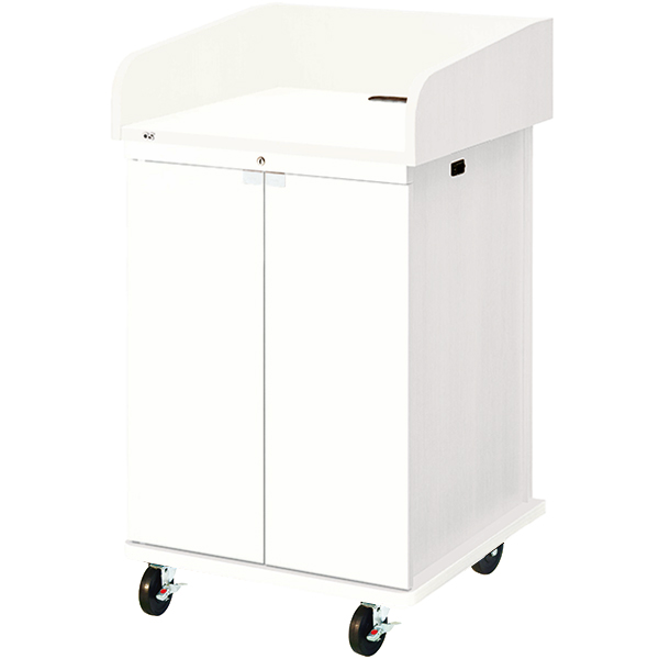 AVキャビネット完成品/演台タイプ/EIA16U/スタンダード天板/足入れなし/100φキャスター/ホワイト/木扉