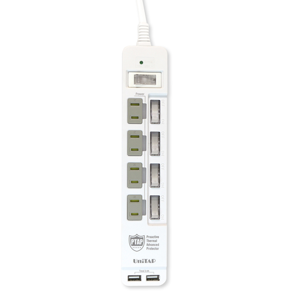 火災防止＋USB給電機能付マルチタップ「Unitap Safe」 USB給電2ポート電源タップ4個口搭載