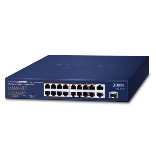 16ポート100TX 802.3at PoE + 2ポート1000T + 1ポート共用1000X SFP デスクトップスイッチ(185W)