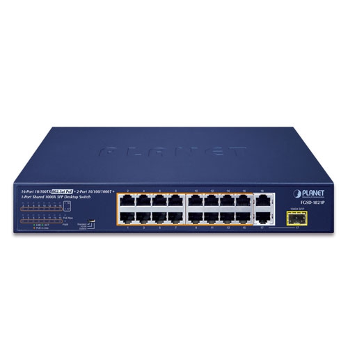 16ポート100TX 802.3at PoE + 2ポート1000T + 1ポート共用1000X SFP デスクトップスイッチ(185W)