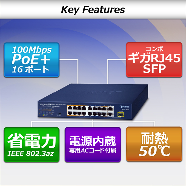 16ポート100TX 802.3at PoE + 2ポート1000T + 1ポート共用1000X SFP デスクトップスイッチ(185W)
