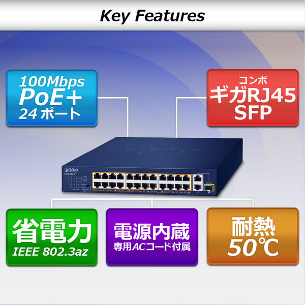 24ポート100TX 802.3at PoE + 2ポート1000T + 1ポート共用1000X SFP デスクトップスイッチ(185W)