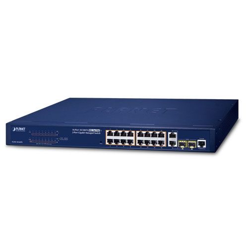 16ポート 10/100TX 802.3at PoE + 2ポート ギガビットTP/SFPコンボ マネージドイーサネットスイッチ