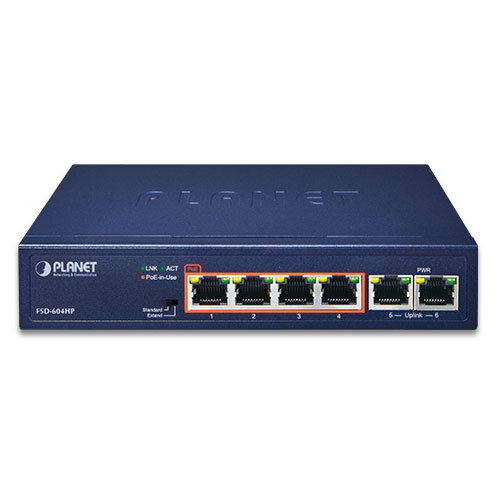 4ポート100TX 802.3at PoE + 2ポート100TX デスクトップスイッチ(60W)