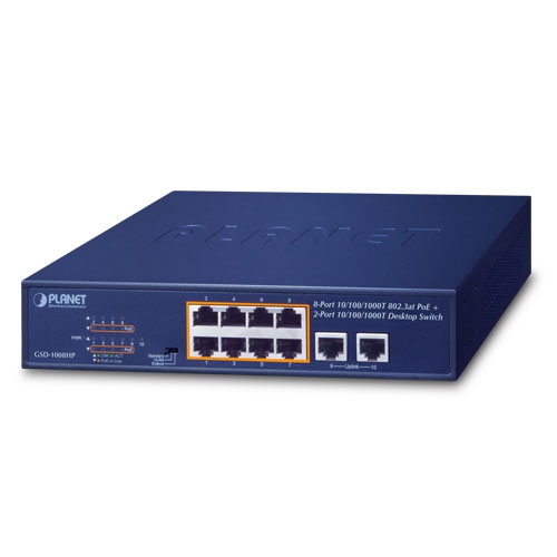 8ポート1000T 802.3at PoE + 2ポート1000T デスクトップスイッチ(120W)
