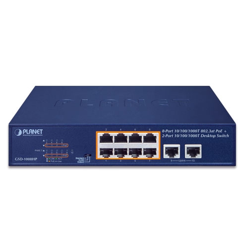 8ポート1000T 802.3at PoE + 2ポート1000T デスクトップスイッチ(120W)