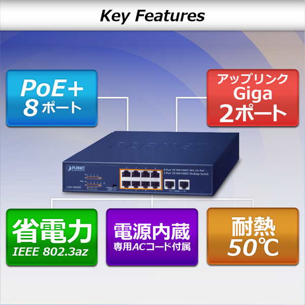 8ポート1000T 802.3at PoE + 2ポート1000T デスクトップスイッチ(120W)