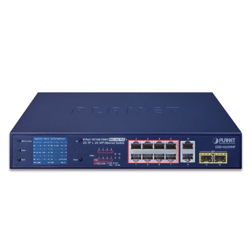 8ポート 10/100/1000T 802.3at PoE + 2ポート 10/100/1000T + 2ポート 1000X SFP イーサネットスイッチ(PoE LCDモニター付き)