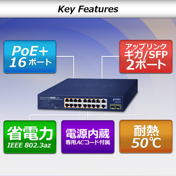PoE+ギガビットイーサネットスイッチングハブSFPポート付 18ポート