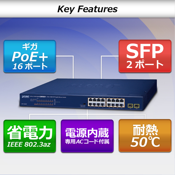 16ポート1000T 802.3at PoE + 2ポート1000X SFP ギガビットイーサネットスイッチ