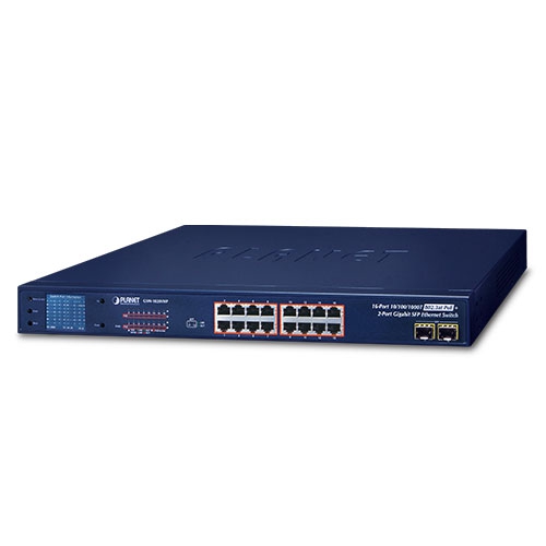 16ポート 10/100/1000T 802.3at PoE + 2ポート ギガビット SFP イーサネットスイッチ(LCD PoEモニター付き)