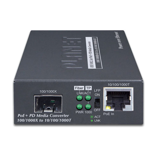 802.3at PoE+ PD 10/100/1000BASE-T - 100/1000BASE-X SFP メディアコンバータ