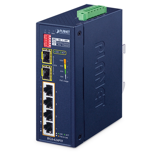 産業用4ポート 10/100TX 802.3at PoE + 2ポート1000X SFPリングイーサネットスイッチ