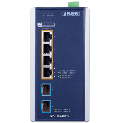 産業用4ポート 10/100/1000/2500T 802.3bt PoE + 2ポート 10G SFP+イーサネットスイッチ