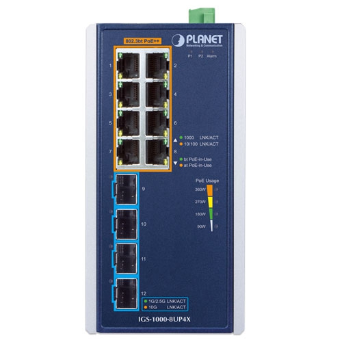 産業用8ポート 10/100/1000T 802.3bt PoE + 4ポート 10G SFP+ イーサネットスイッチ