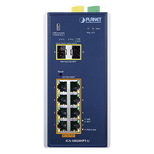 産業用8ポート 10/100/1000T 802.3at PoE + 2ポート 1G/2.5G SFP マネージドスイッチ(USBコンソール付き)