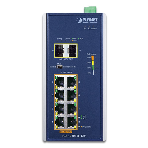 産業用 8ポート10/100/1000T 802.3at PoE + 2ポート100/1000X SFP イーサネットスイッチ 12Vブースター