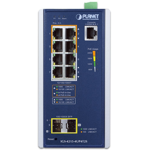 産業用4ポート 10/100/1000T 802.3bt PoE + 4ポート 10/100/1000T + 2ポート 100/1000X SFPマネージドスイッチ