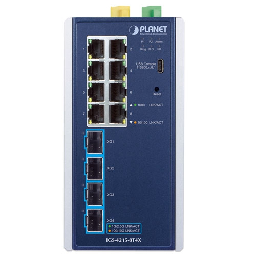 産業用L2+ 8ポート10/100/1000T + 4ポート10G SFP+ マネージドイーサネットスイッチ