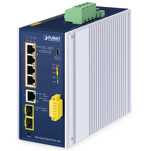 産業用L2+ 4ポート 10/100/1000T 802.3bt PoE + 1ポート 10/100/1000T + 2ポート 1G/2.5G SFP マネージドイーサネットスイッチ(12Vブースター付き)